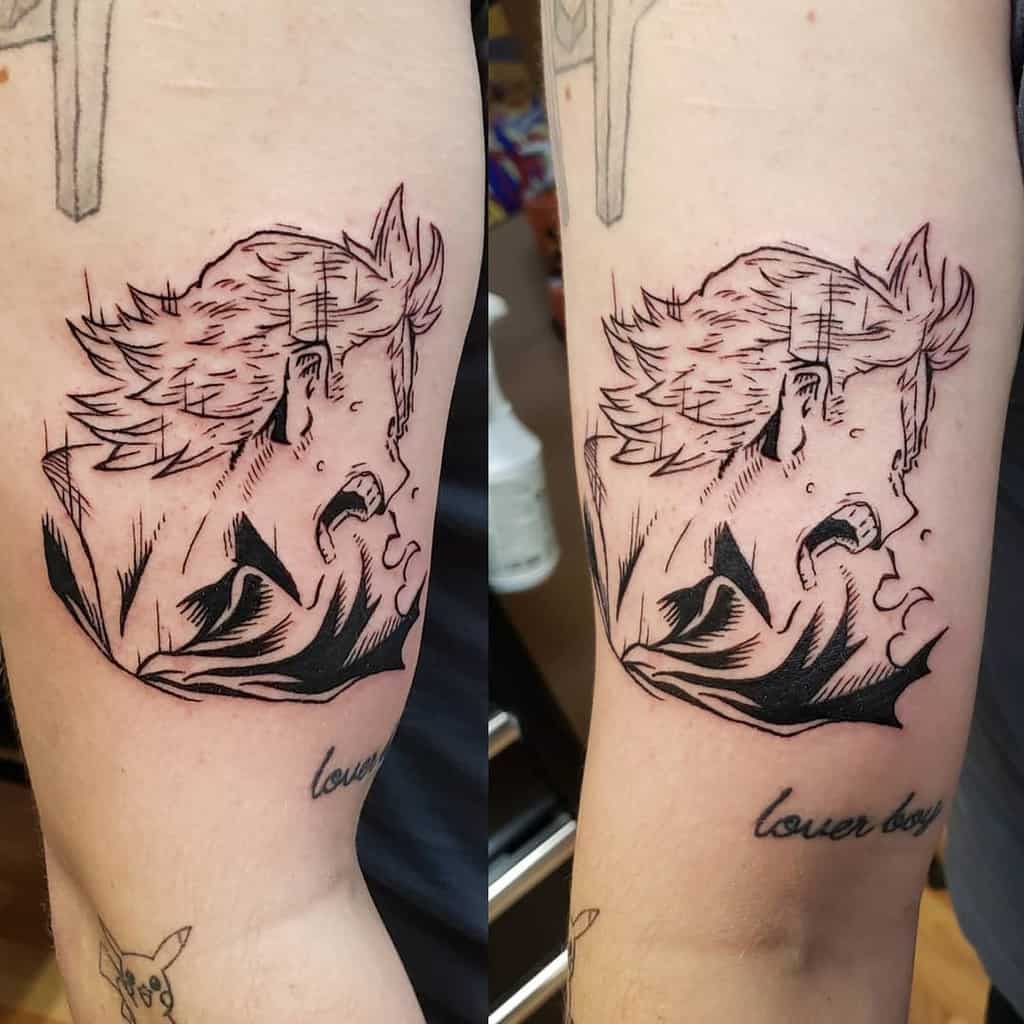 Black ink manga-style tattoo of Mirio Togata from My Hero Academia, depicting an emotional moment with bold shading and expressive line work
