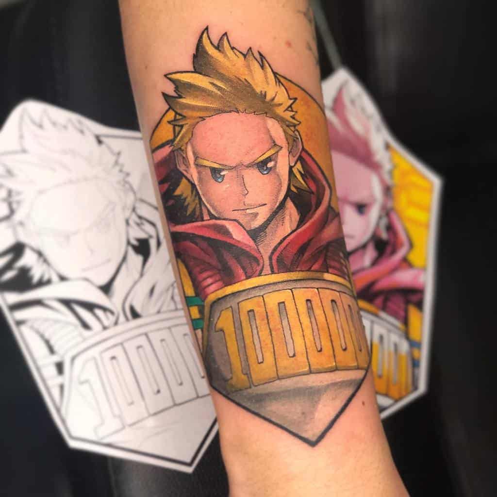 Vibrant tattoo of Mirio Togata from My Hero Academia, featuring his determined expression, red cape, and the bold '1000000' symbol on his chest
