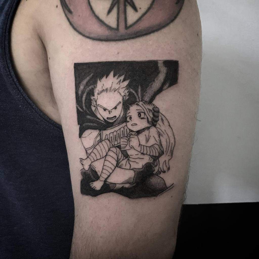 Black and grey manga-style tattoo of Mirio Togata protecting Eri from My Hero Academia, with dramatic shading and a heroic pose