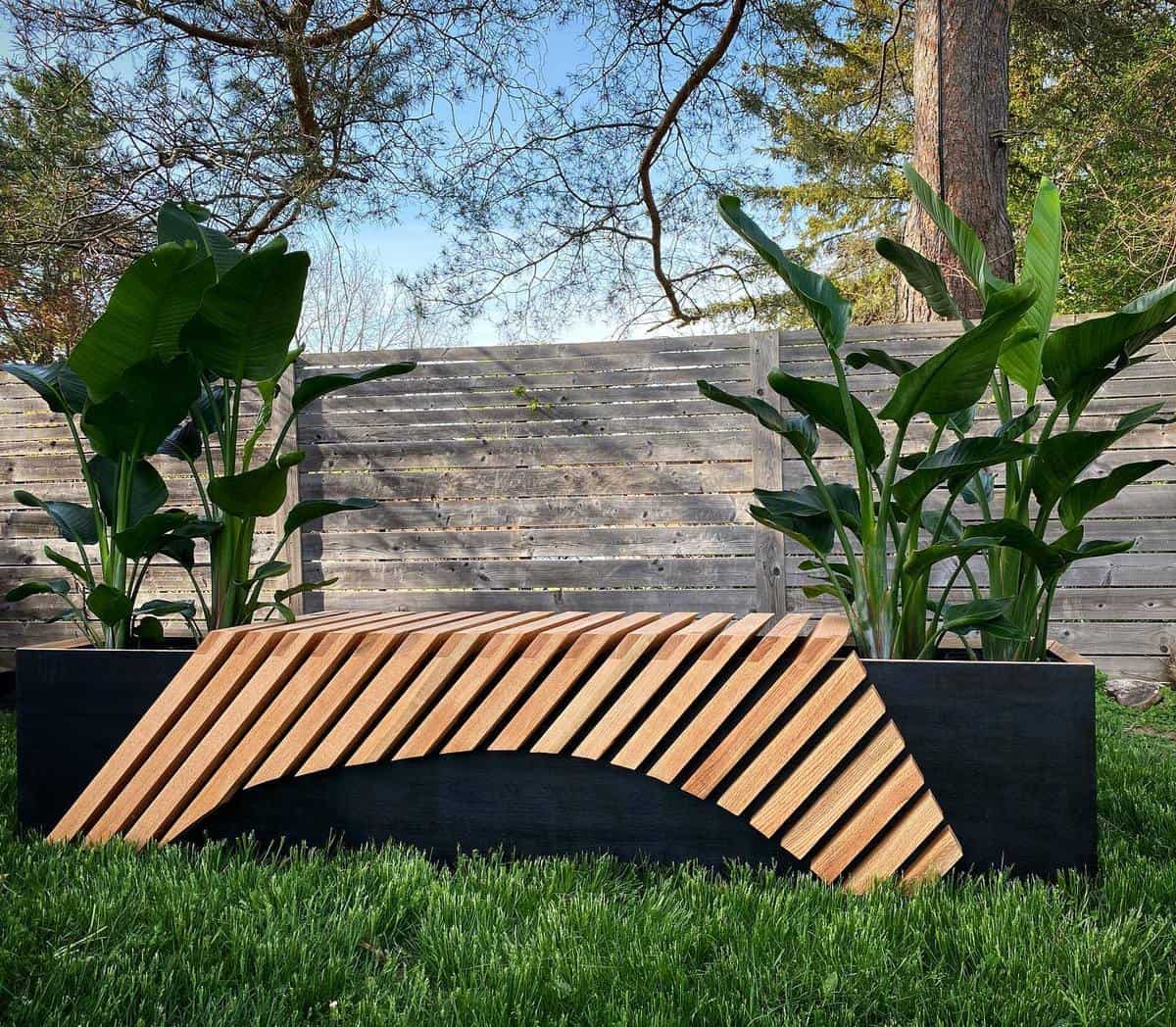 modern wood garden bench over plant garden