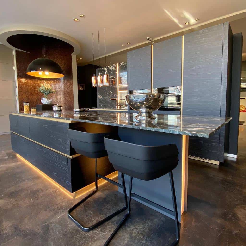 luxury modern kitchen gray cabinets granite countertop led lighting sleek black chairs