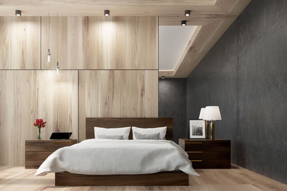 modern minimalist bedroom with wood accent walls