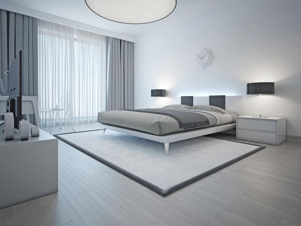 large spacious gray minimalist bedroom