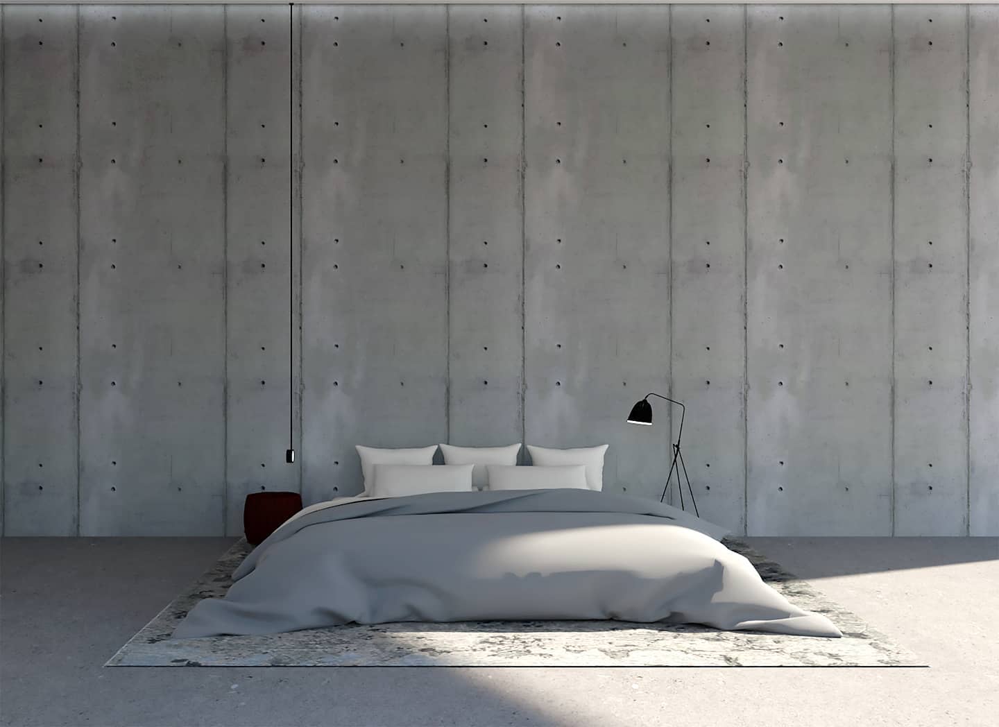 modern minimalist bedroom with concrete wall and low platform bed