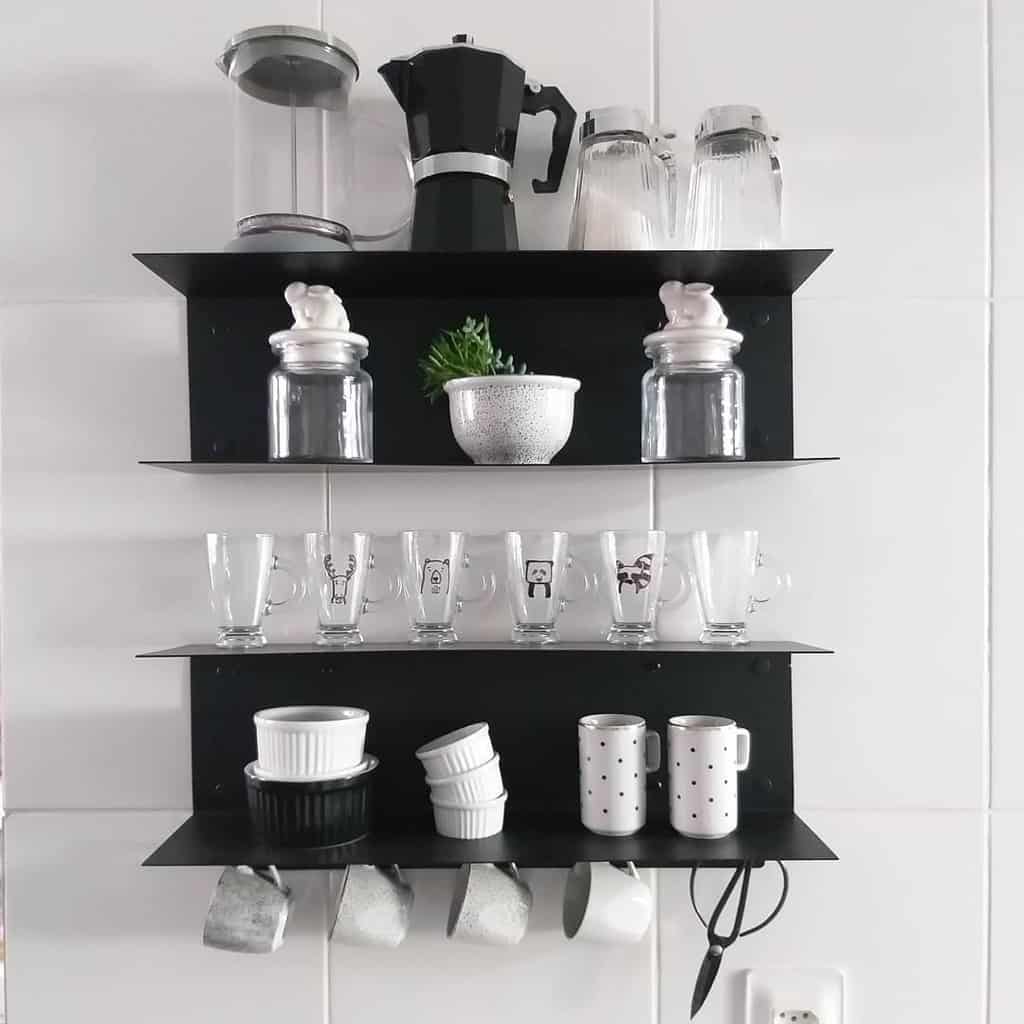 black modern wall shelving in kitchen