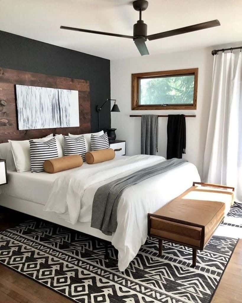 small modern bedroom with ottoman