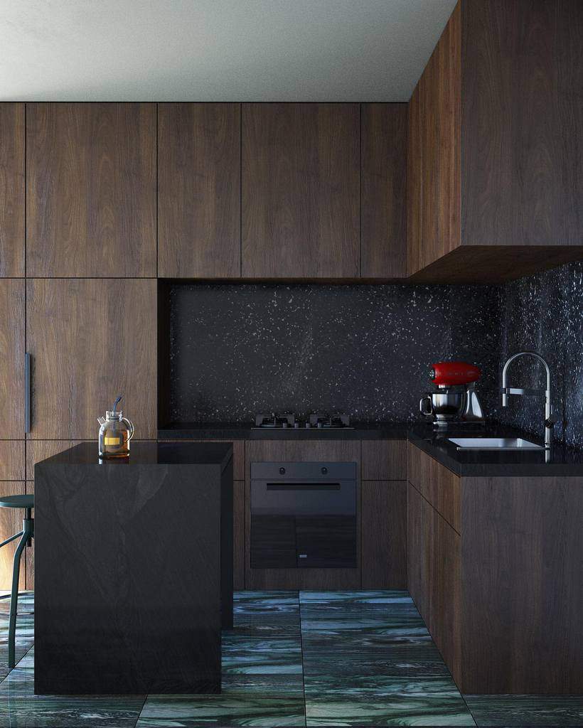 modern kitchen with tall brown cabinets black backsplash tile floor