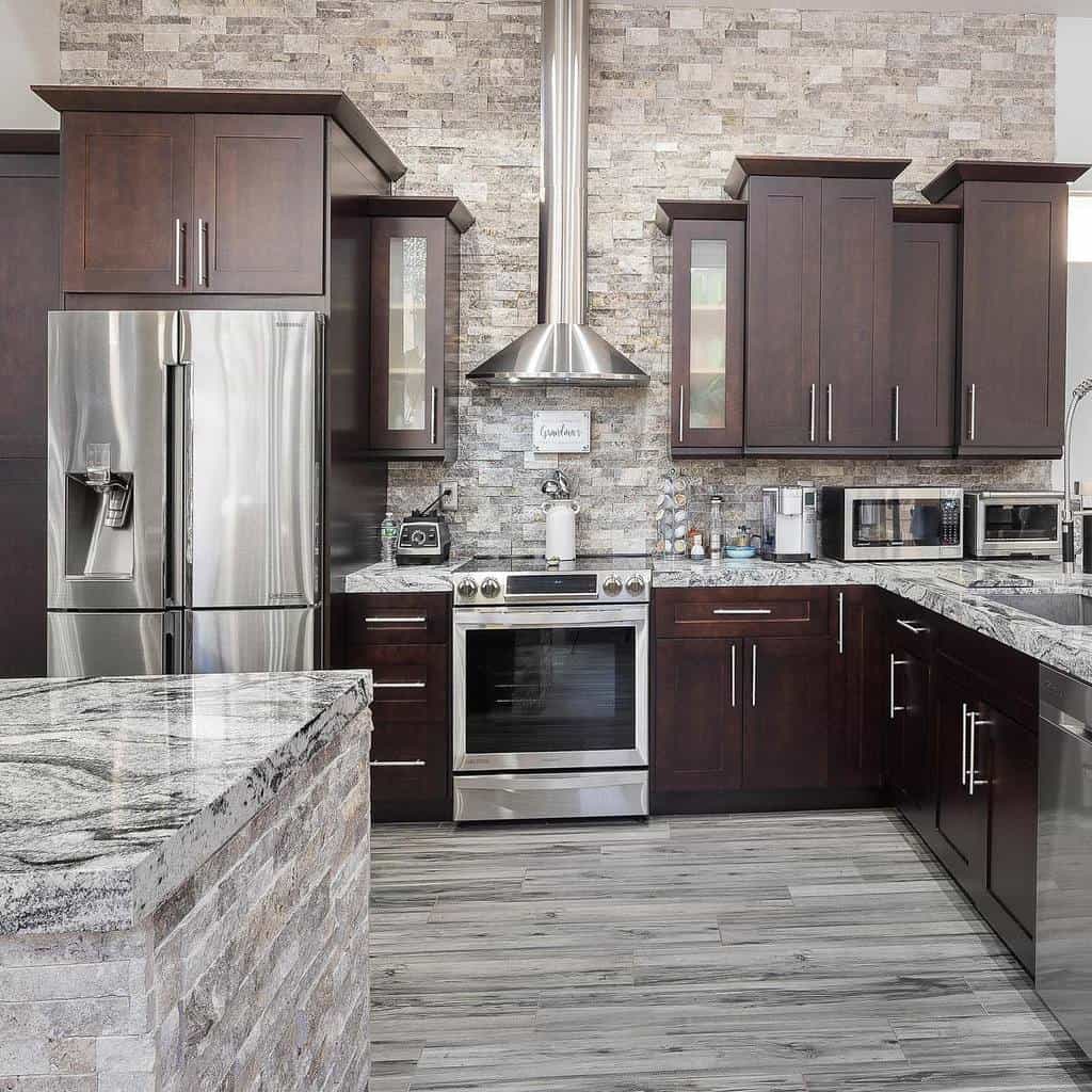country kitchen stained wood cabinets marble countertops