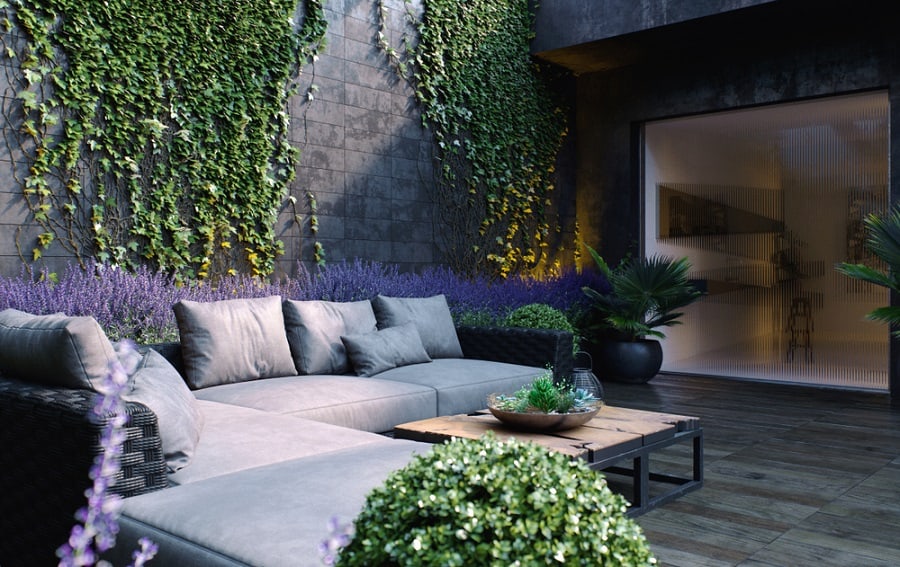 modern outdoor patio with vertical wall garden