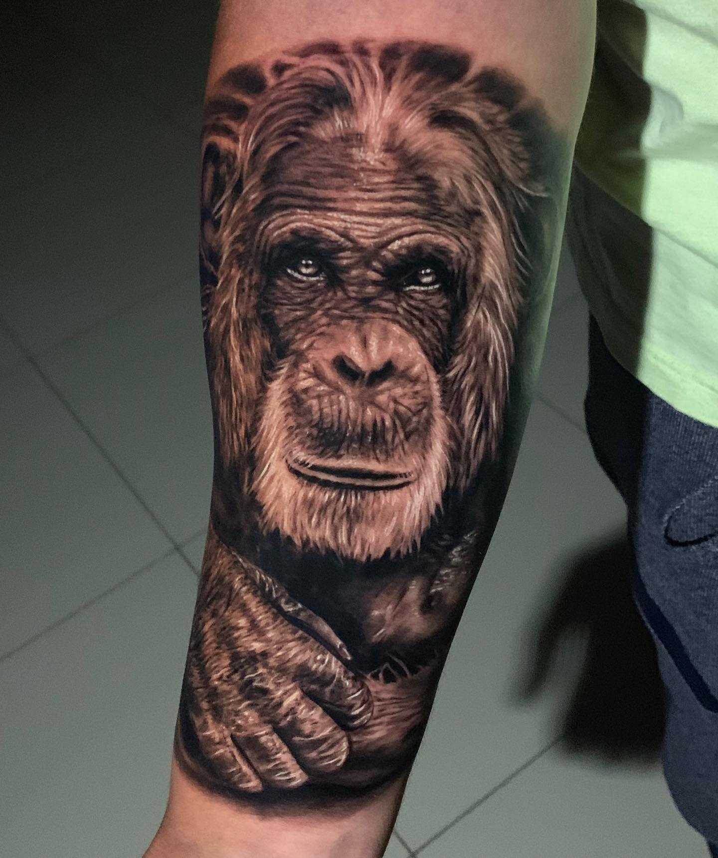 Forearm tattoo of a realistic gorilla's face with its hand resting below its chin