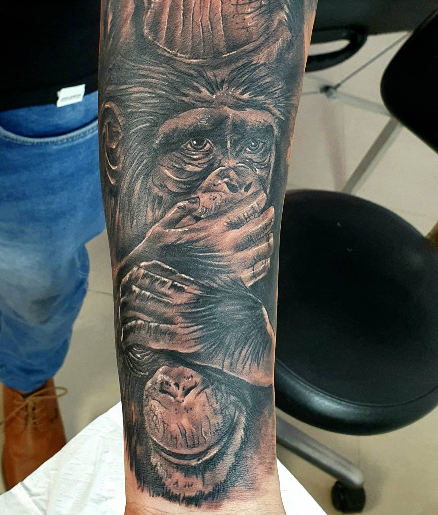 Forearm tattoo of three wise monkeys: see no evil, hear no evil, speak no evil, in black and grey