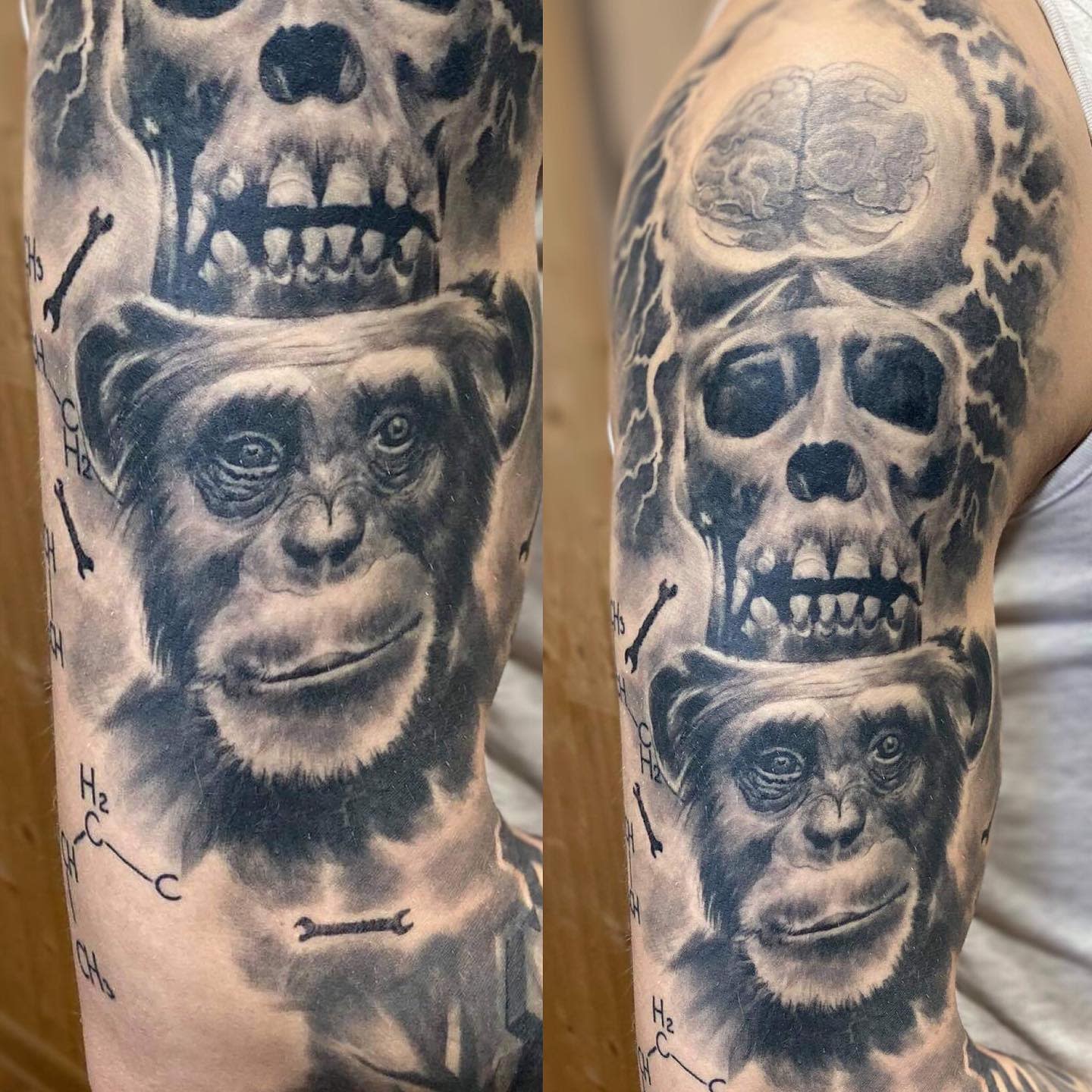 Tattoo of a chimpanzee below a skull with an exposed brain, featuring molecular structures