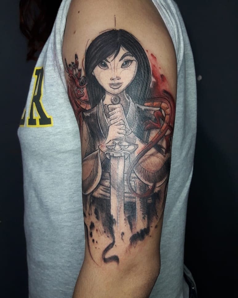 Tattoo of Mulan holding a sword, with a dragon wrapped around her