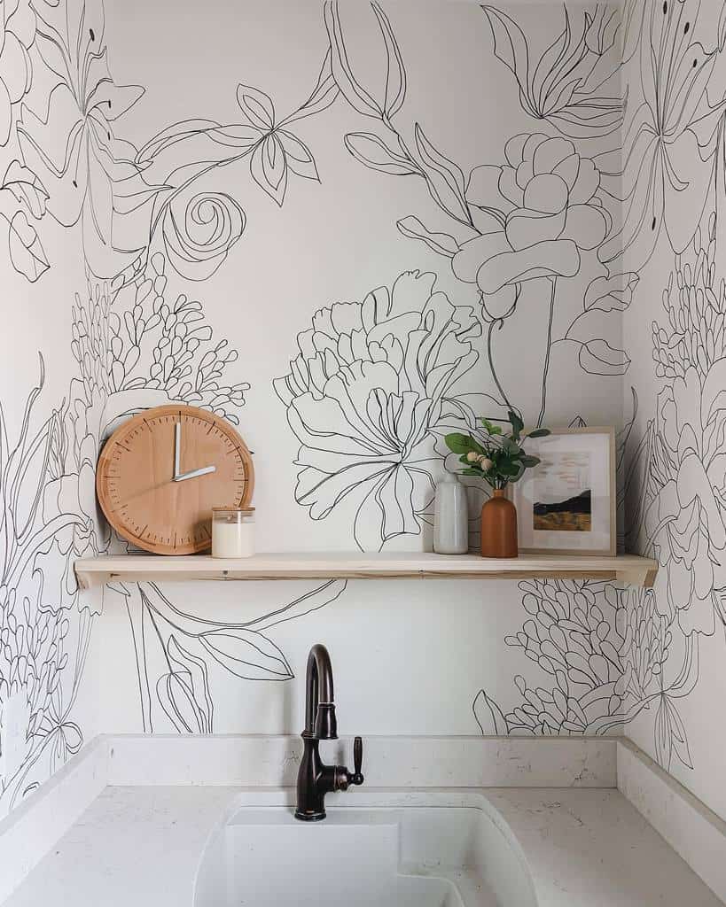 floral black and white wall mural wood shelf above sink