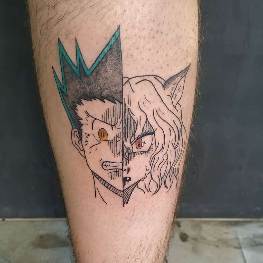 Tattoo of Gon and Neferpitou from Hunter X Hunter, split down the middle, showcasing their intense expressions with contrasting colors and lines, on a person's leg