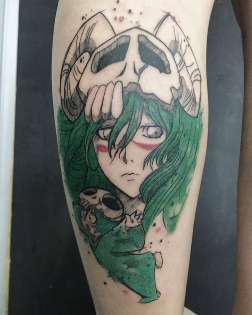 Colorful tattoo of Nelliel Tu Odelschwanck from Bleach, featuring her green hair, ram skull Hollow mask, red facial markings, and child form 