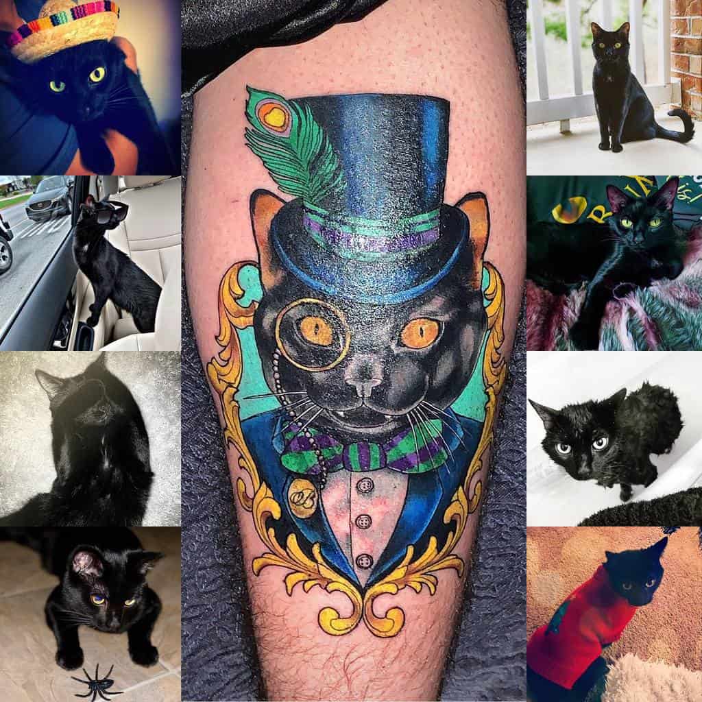 A colorful neo-traditional tattoo of a black cat wearing a monocle, top hat, and bow tie