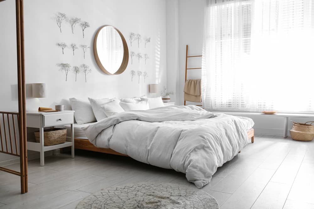 neutral minimalist bedroom wall mirror