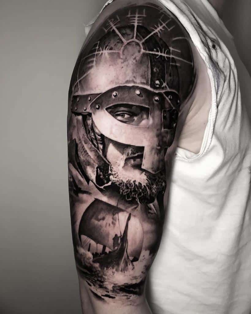 A Nordic half-sleeve tattoo featuring a Viking warrior in a helmet, a Viking ship sailing through waves, and the Vegvisir symbol in the background