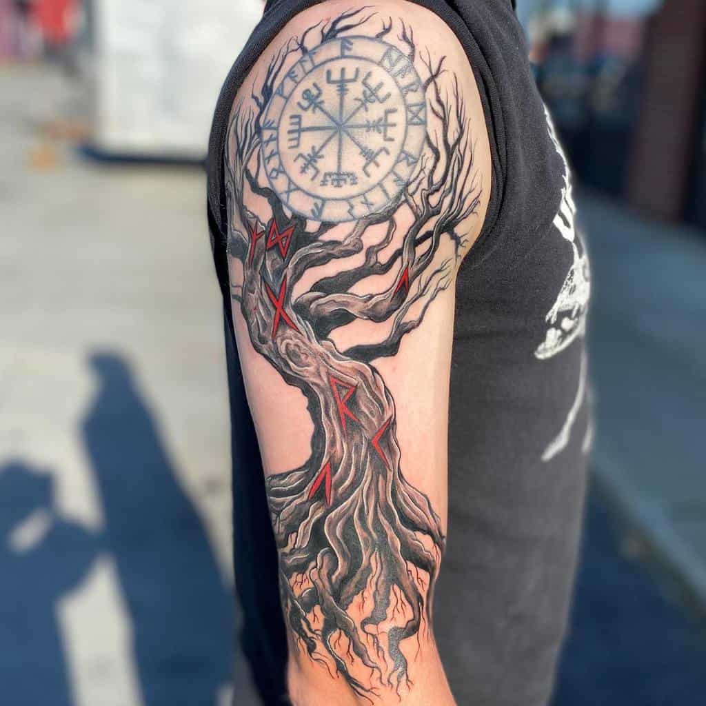 A half-sleeve tattoo featuring the Vegvisir symbol at the top, a detailed Yggdrasil tree with red runes embedded in its trunk, and sprawling branches
