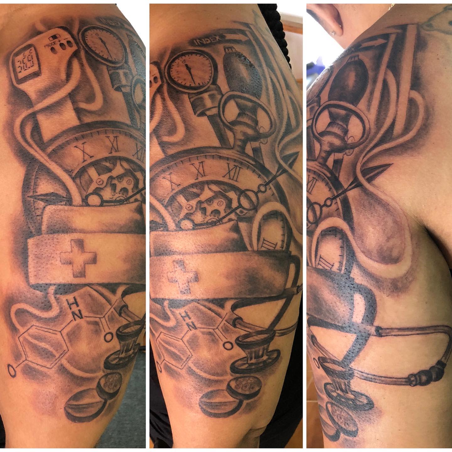 Arm and shoulder tattoo displaying detailed medical instruments such as stethoscope, syringe, and anatomical heart
