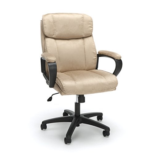 Beige cushioned office chair with padded armrests and adjustable height swivel base.