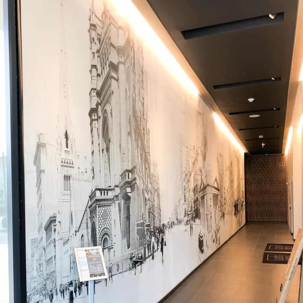 large wall mural of a city