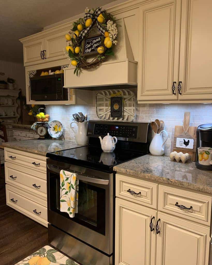 white cabinet rustic kitchen gray granite countertop