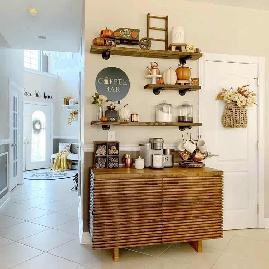 wood mounted wall shelves in kitchen
