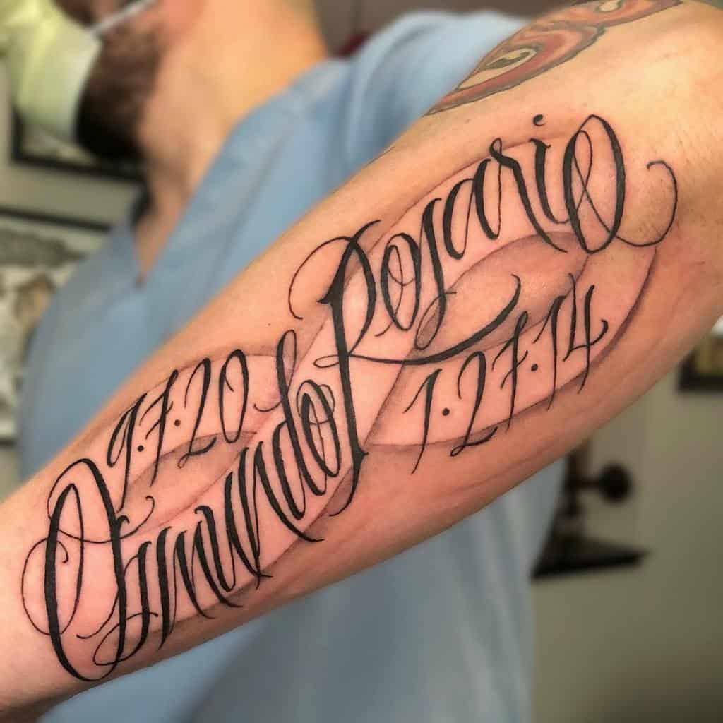 Outer forearm tattoo featuring names and dates in elegant script, symbolizing important life events or loved ones