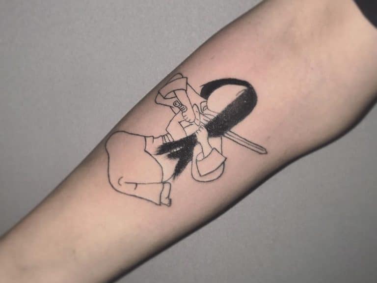 Black Ink Outline Mulan Tattoo