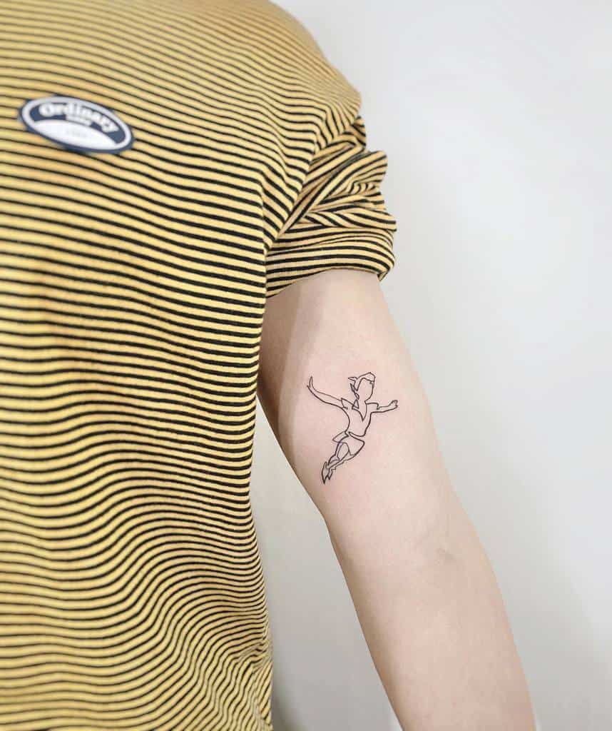 Minimalist fine-line tattoo of Peter Pan in a flying pose, capturing a whimsical and carefree essence