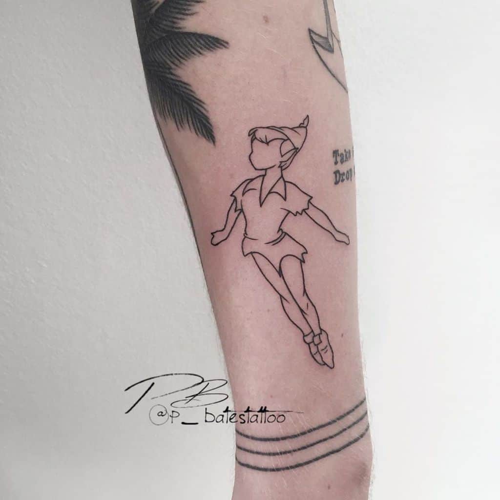 Minimalist fine-line tattoo of Peter Pan in a graceful flying pose, inked in black