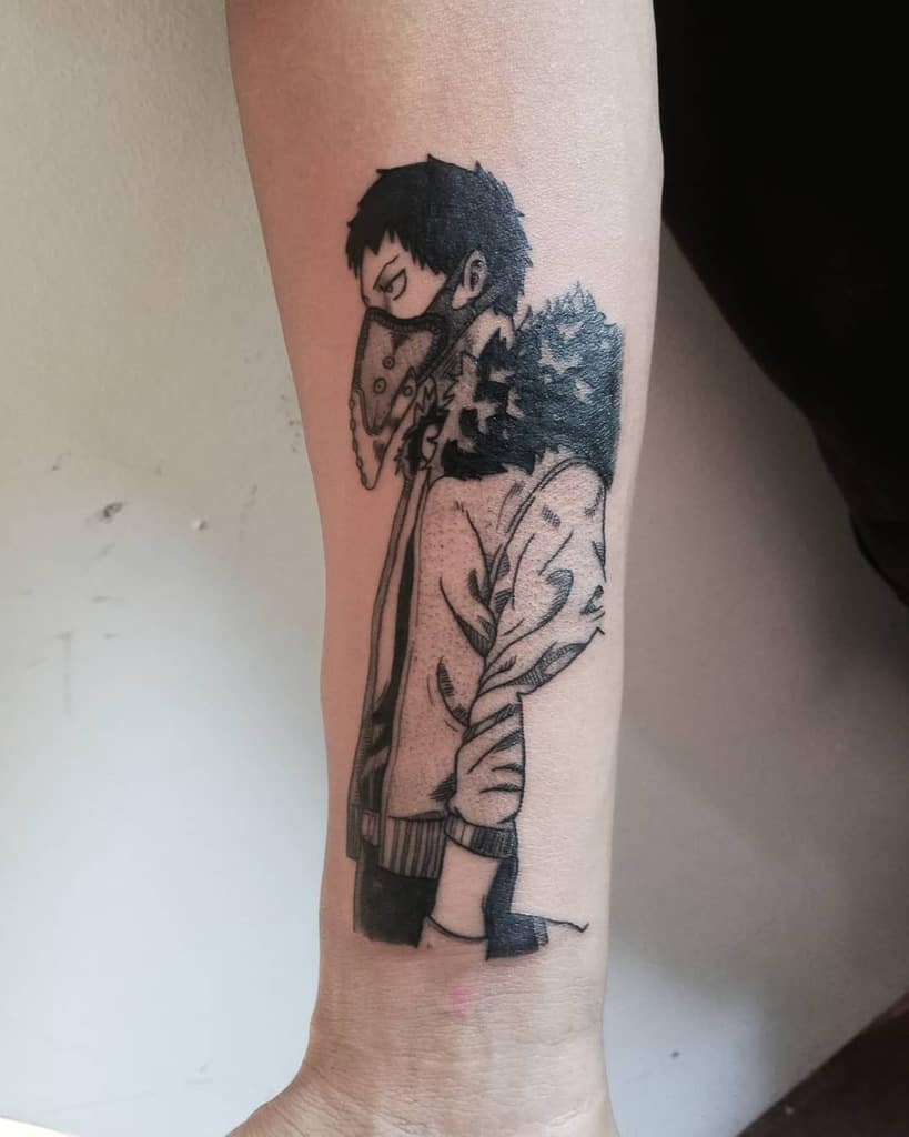Black and grey tattoo of Overhaul from My Hero Academia, featuring his signature plague mask and fur-lined coat, with detailed shading