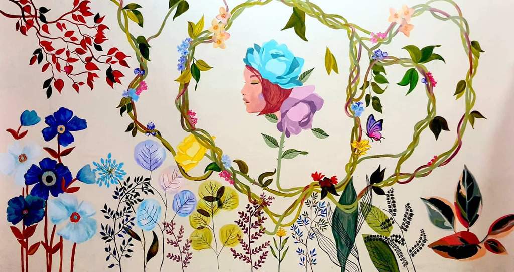 colorful painted wall mural flowers female head