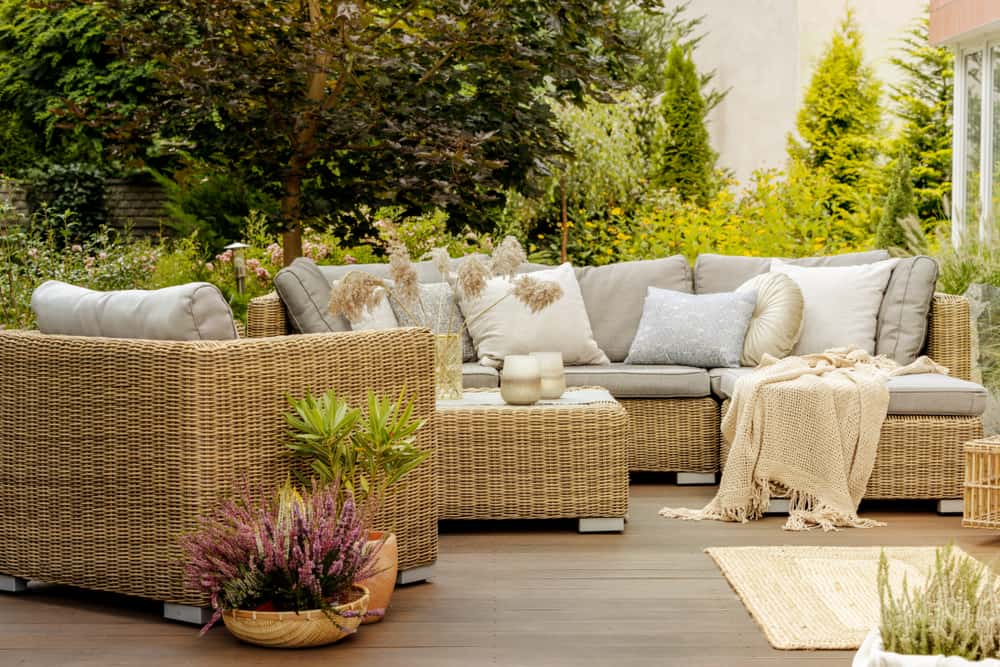 simple backyard wood deck wicker furniture