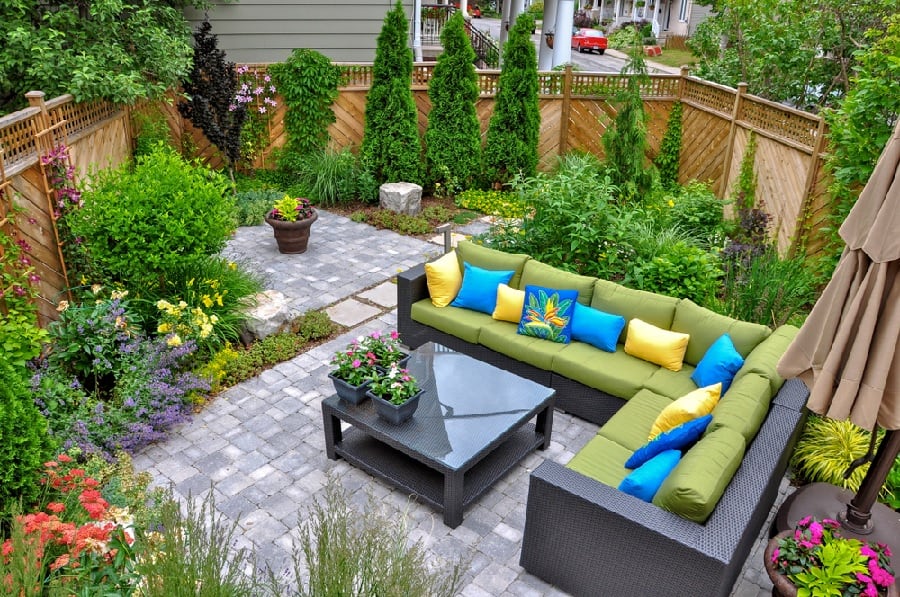 flagstone patio with wicker furniture