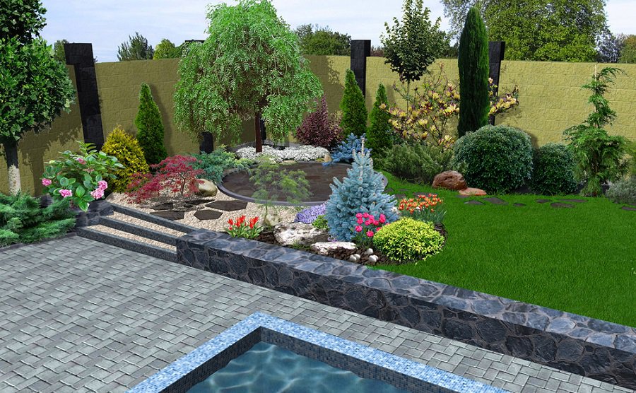 stone paver patio with large garden