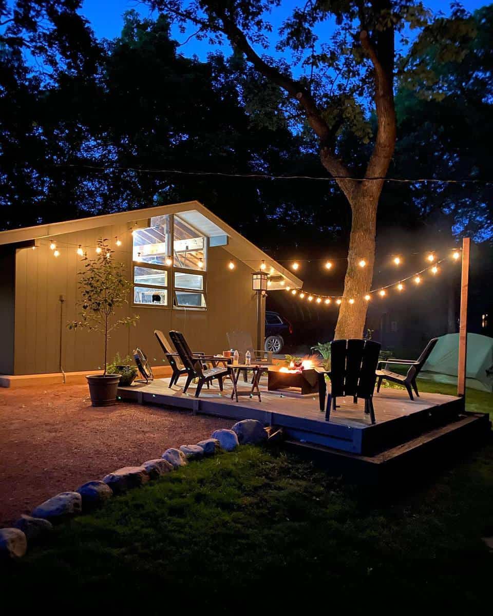 wood deck patio with string lights