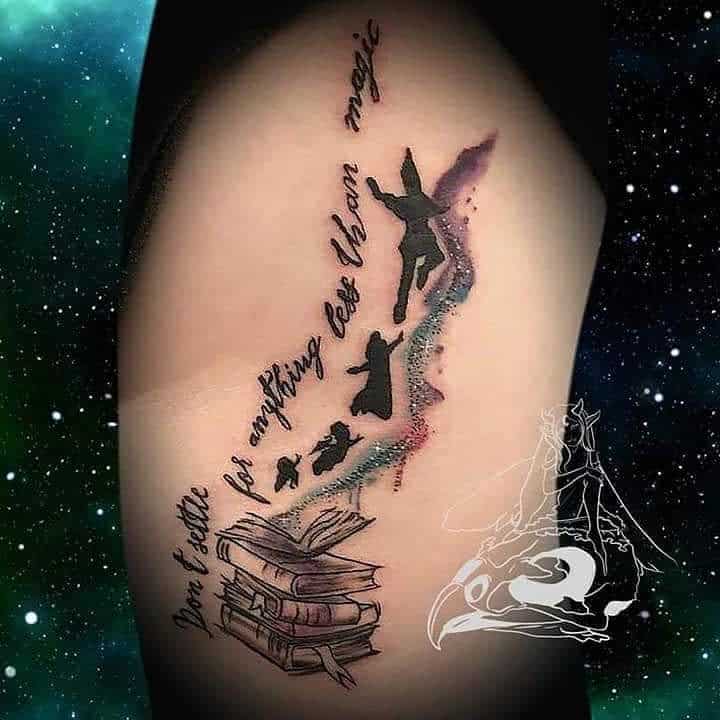 Peter Pan and friends flying with a pixie dust trail, books, and the quote 'Don’t settle for anything less than magic' in a whimsical tattoo