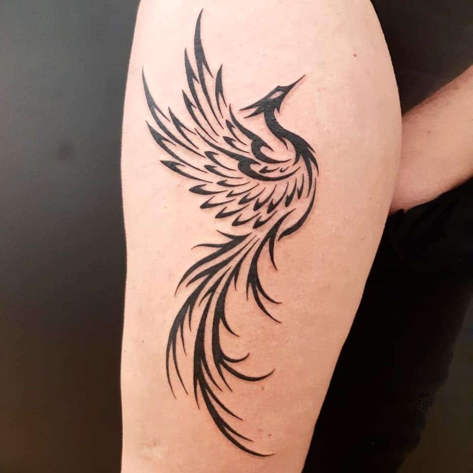 Black tribal phoenix rising tattoo on an upper thigh and hip