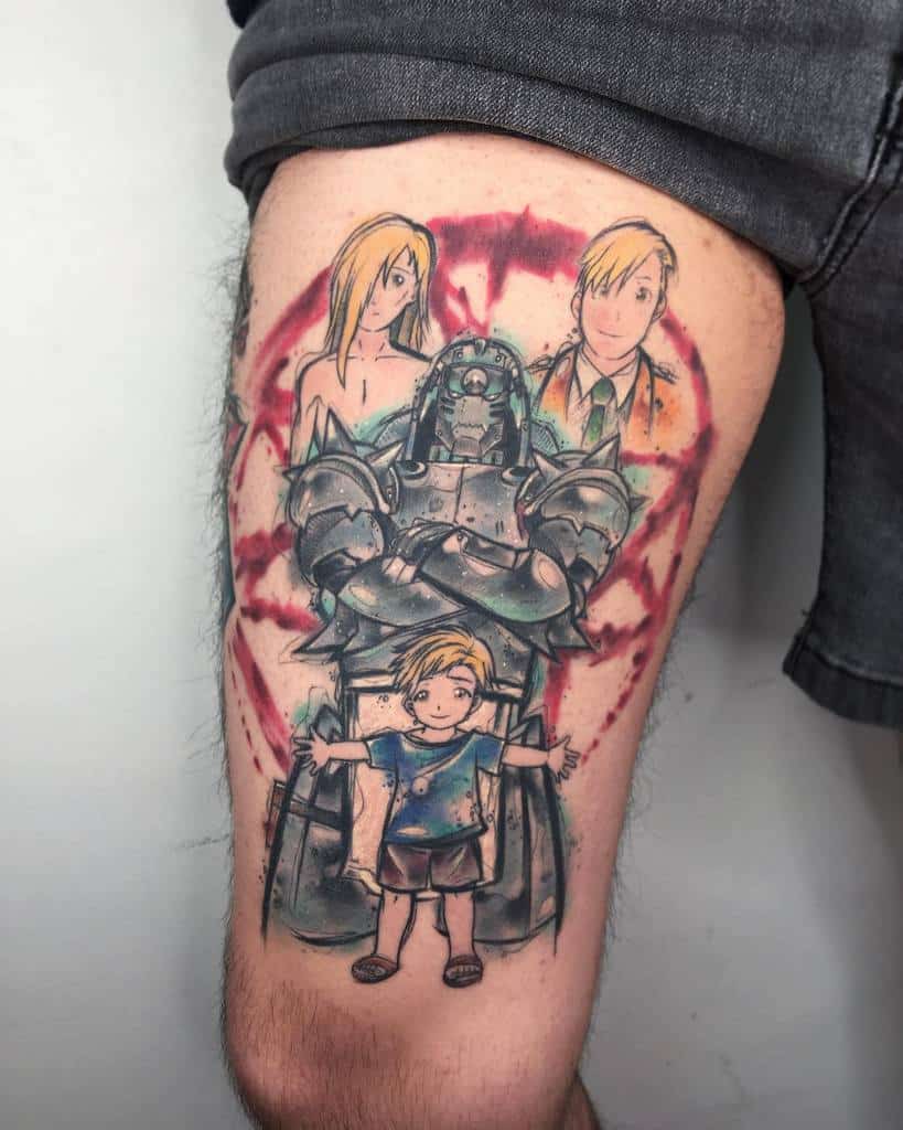 Fullmetal Alchemist tattoo featuring young Edward Elric, Alphonse in his armor, Trisha Elric, and Hohenheim, with a red transmutation circle