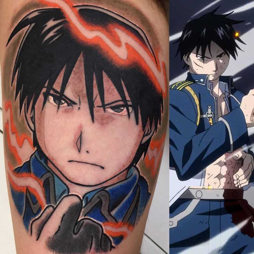 Fullmetal Alchemist tattoo of Roy Mustang with intense red flame effects, inspired by an anime scene showing him ready to use his ignition alchemy