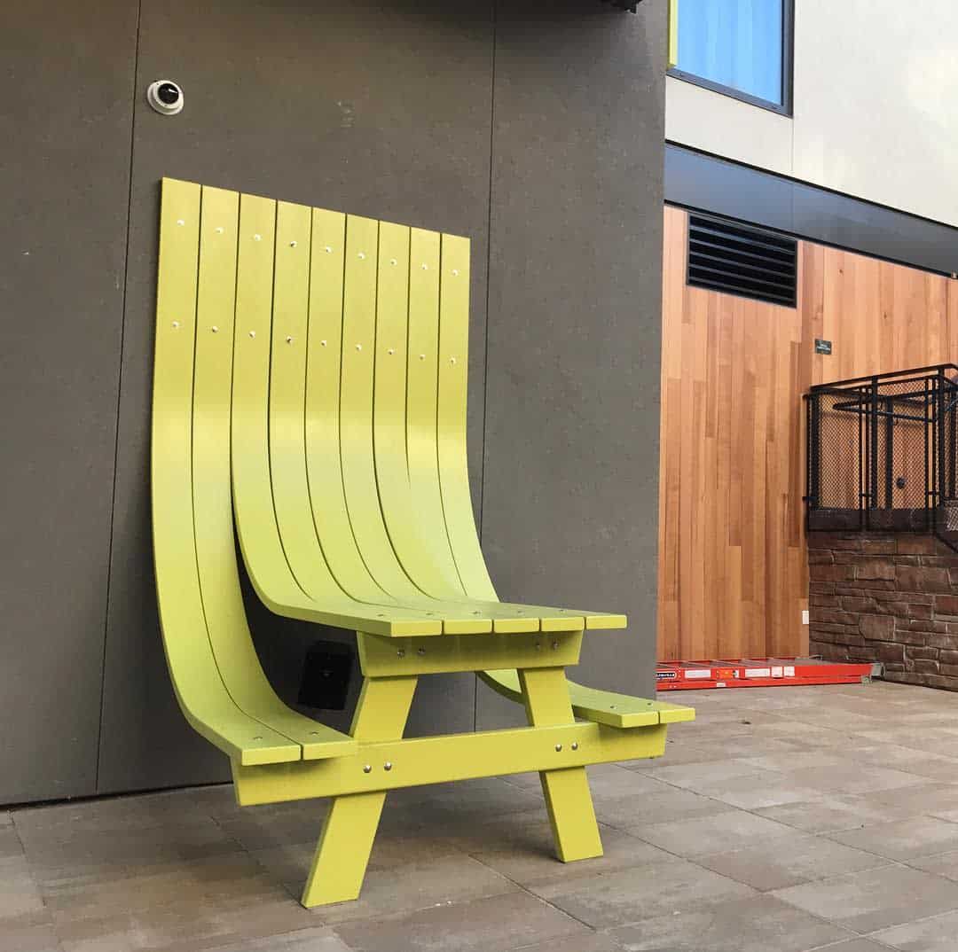 curved green abstract park bench backyard