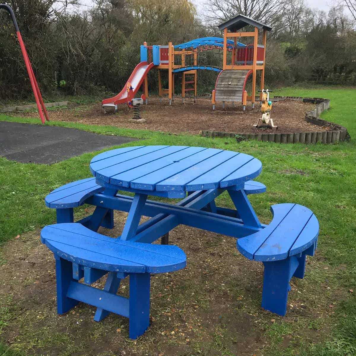 blue picnic bench playground