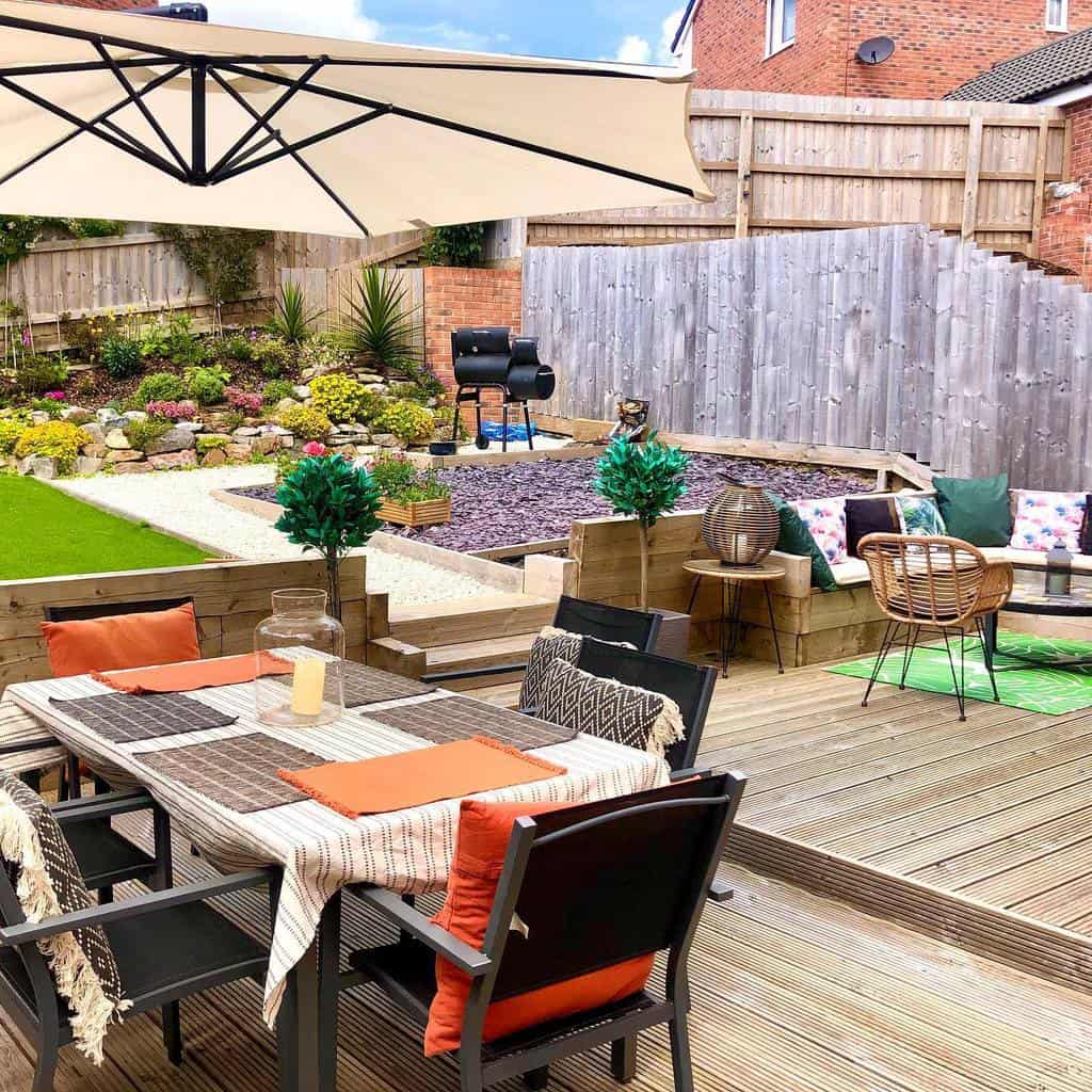 wood deck paver with table and chairs 