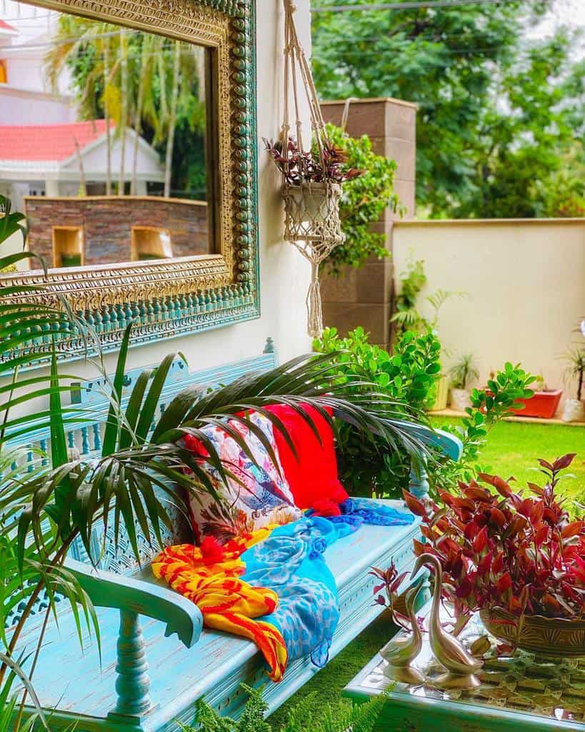 blue wood chair backyard 