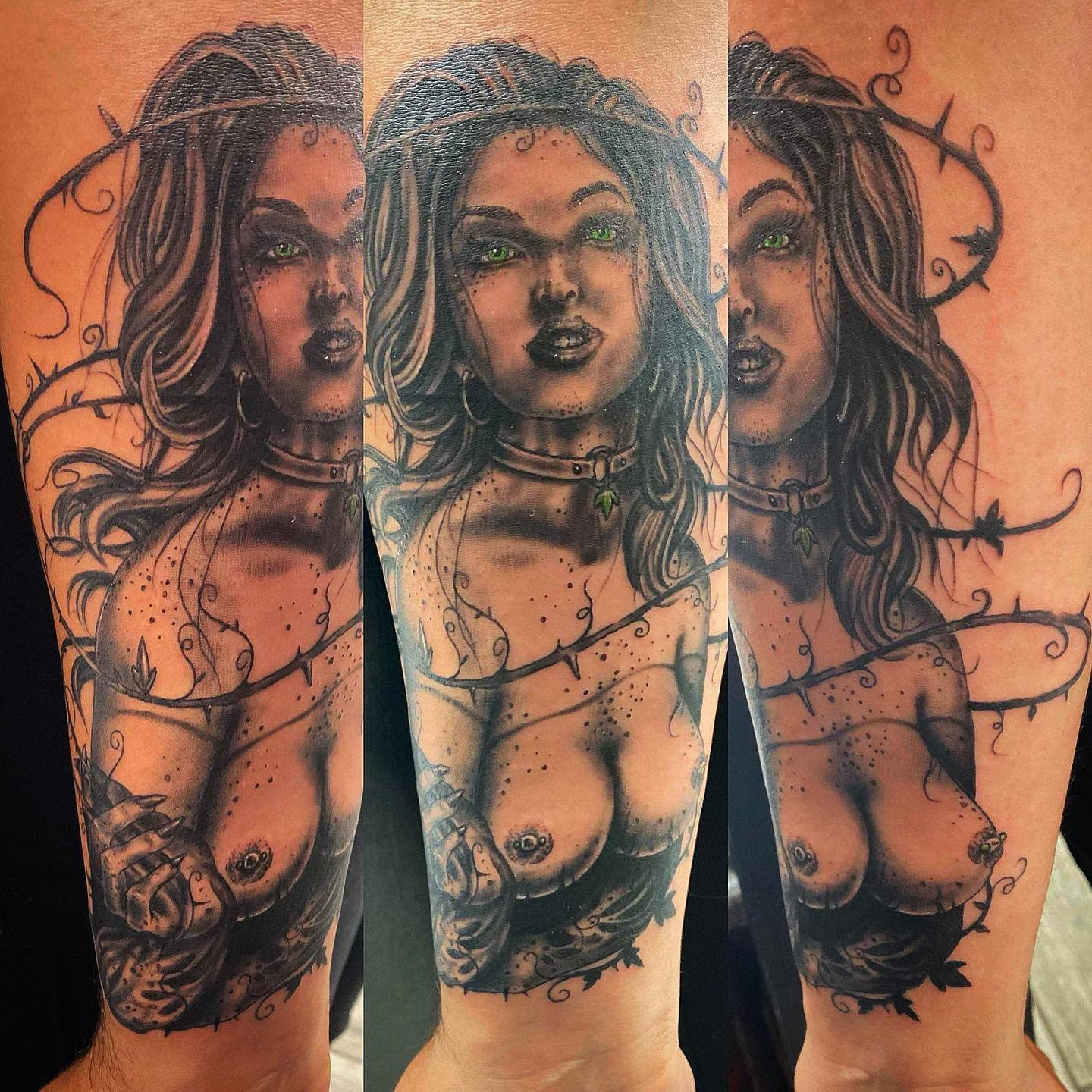 A detailed tattoo of a woman with green eyes and dark hair on a forearm