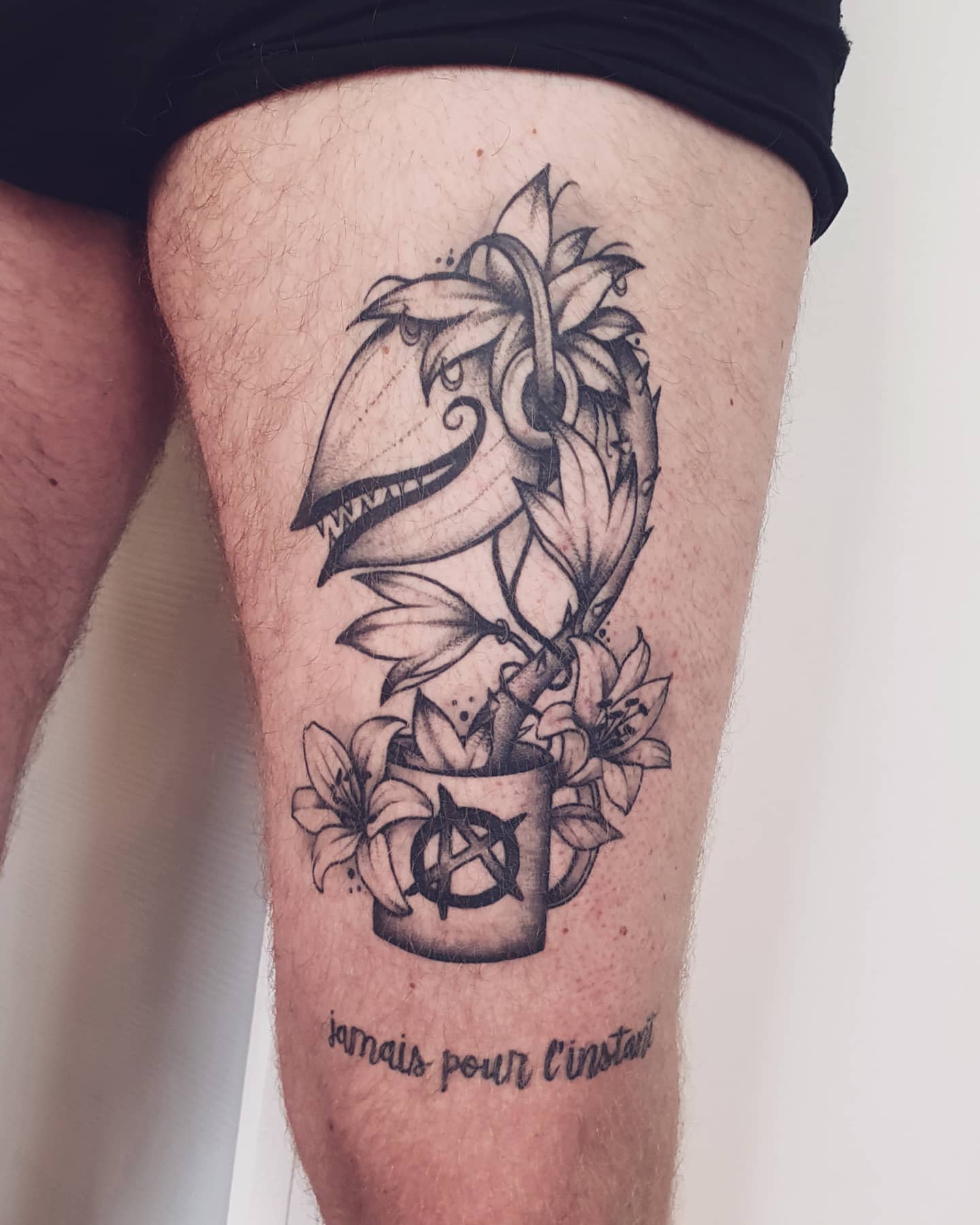 Tattoo of a flower in a teacup with text "jamais pour l'instant" on a thigh