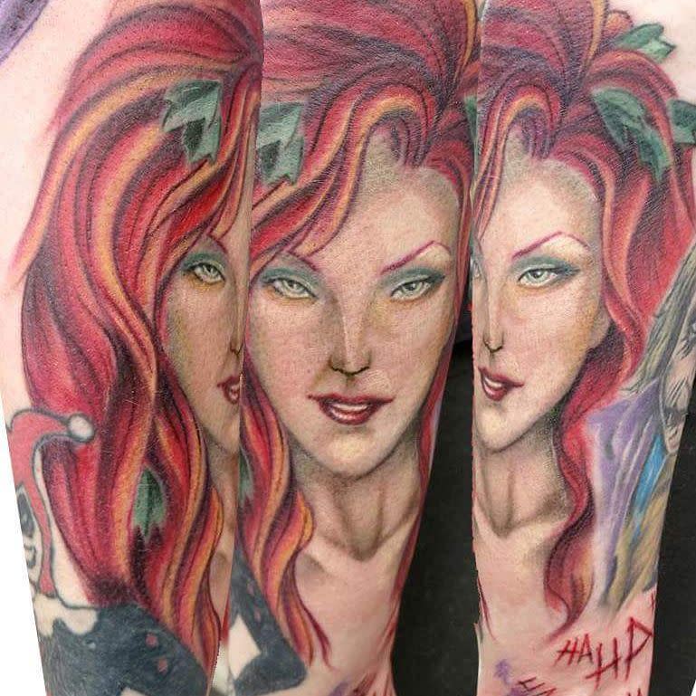 Colorful tattoo featuring Poison Ivy